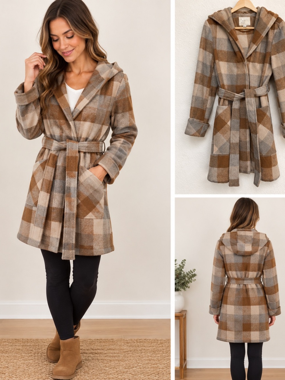 a new day Plaid Hooded Belted Trench Coat in Camel & Gray